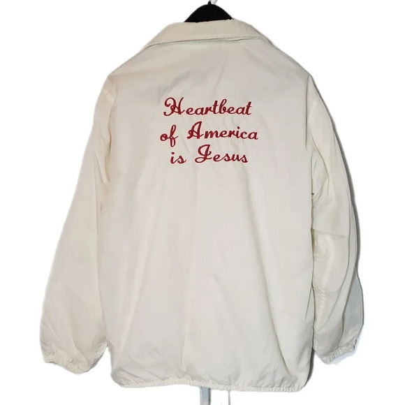 Vtg Pla-Jac by Dunbrooke White Satin Jacket Heartbeat of America Jesus Med - Picture 1 of 7